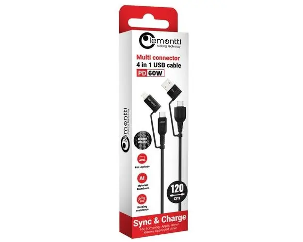 Cablu de date Lemontti LEMCF4IN1PDN, Multi-connector 4 in 1, USB-A & Type-C la Type-C & Lightning, PD, 1.2m, Negru