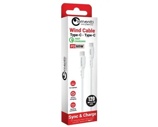 Cablu de date Lemontti LEMCFCTCPD60A, Fast Charge, Type-C la Type-C, PD, 60W, 1.2m, Alb