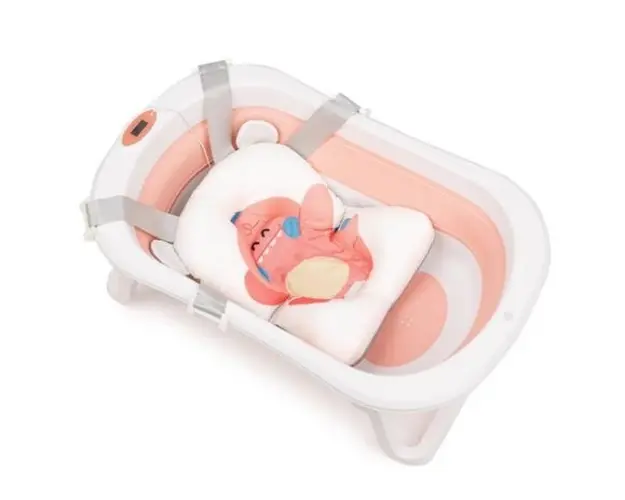 Cadita bebelusi Juju AquaSplash, 0+ luni, pliabila, cu pernuta detasabila, termometru electronic incorporat, dop scurgere, picioruse antiderapante, design ergonomic, Roz 