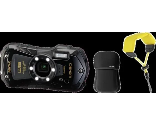 Kit Aparat foto compact Pentax WG-90, 16 MP, 1920x1080@30 FPS, Zoom 5x/7.2x, Auto Focus 9 puncte, Auto tracking, Ecran LCD 2.7inch + Husa neopren si Curea plutitoare (Negru)