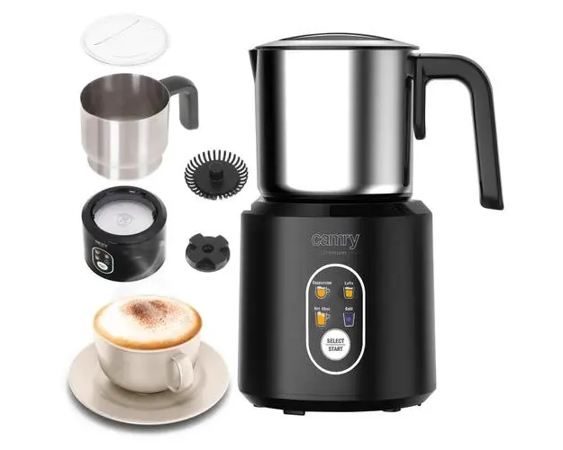 Cana de spumare lapte Camry CR 4498, 500 W, 0.35 l lapte, 0.25 l spuma, Inox (Negru/Argintiu)