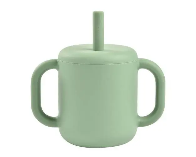 Cana de antrenament cu pai din silicon Beaba Sage Green