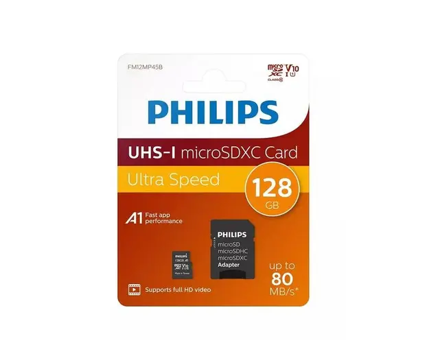 Card de memorie Micro SDXC Philips FM12MP45B/00, 128GB, cu adaptor SD, Clasa 10