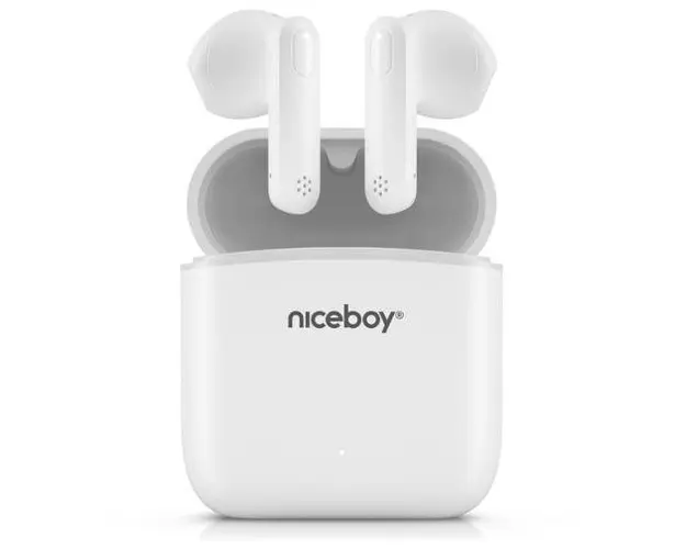 Casti True Wireless Niceboy HIVE Beans, Bluetooth, Microfon, Asistent Vocal, Touch Control, IPX4, autonomie de pana la 20 ore (Alb)