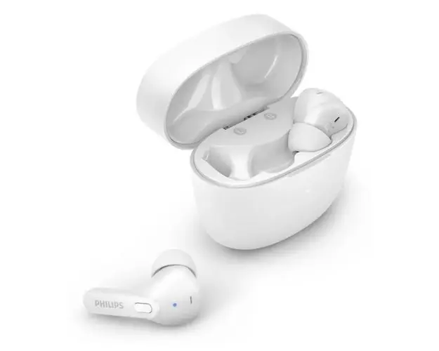 Casti Stereo Philips TAT2206WT/00, true wireles, Bluetooth, microfon incorporat, IPX4, toc de incarcare, incarcare rapida, redare 6 ore (Alb)