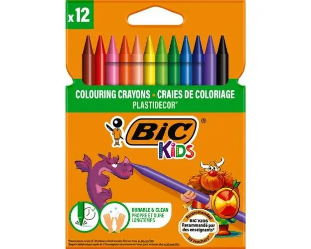 Creioane cerate plastifiate BIC Plastidecor, 12 culori