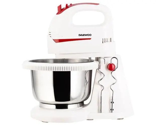 Mixer cu bol Daewoo DHM100W, 300 W, bol inox rotativ, capacitate bol 2 l, functie Turbo, 5 viteze, accesoriu framantare, palete amestecare (Alb)