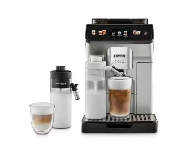 Espressor automat De'Longhi ECAM 450.55.S Eletta Explore, 1450 W, 1.8 l, 19 bar, Recipient boabe 300 g, Ecran TFT Tactil 3.5inch, Tehnologie LatteCrema Hot si LatteCrema Cool, 25 de bauturi (Argintiu)