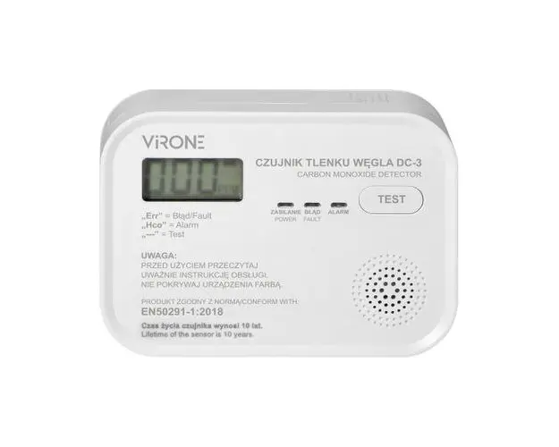 Detector monoxid de carbon VIRONE DC-3, 3 x AA, LCD, buton TEST, Alb