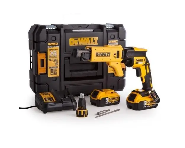 Masina de insurubat pentru gips-carton DeWalt DCF620P2K, 2 acumulatori Li-ion, 18 V, 5.0 Ah, incarcator, kit capete, manusi protectie (Galben/Negru)