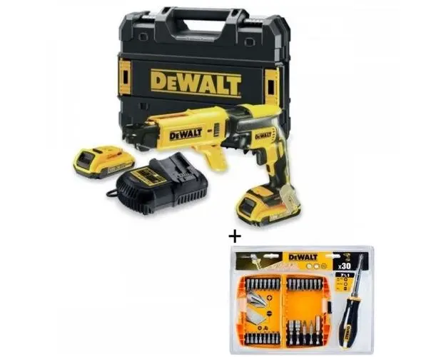 Set DeWalt MET-14321 Masina de insurubat pentru gips-carton, 2 acumulatori, 18 V, 2.0 Ah, 4400 rpm, 30 Nm, incarcator, valiza + trusa insurubare, 30 piese (Galben/Negru)