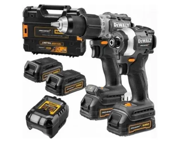 Set masini de gaurit si insurubat DeWalt Mclaren, MET-14501, 2 acumulatori, 18 V, 1.7 Ah, incarcator, valiza (Portocaliu/Negru)