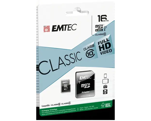 Card de memorie Emtec Classic, 16GB, MicroSDHC, Clasa 10, Adaptor SD inclus