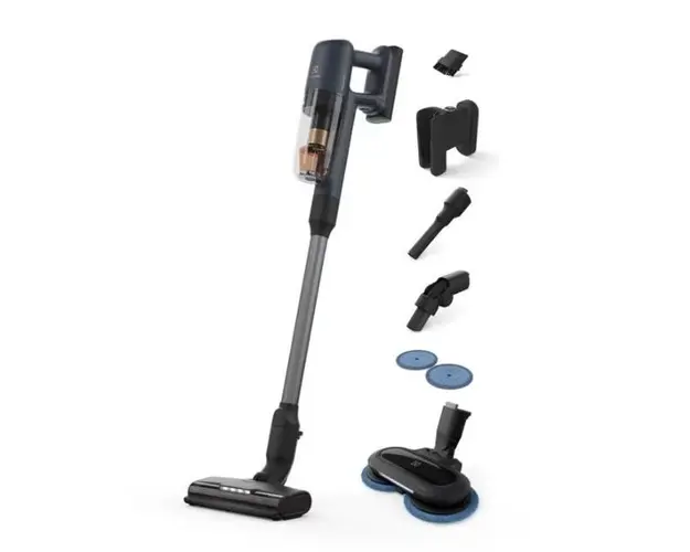 Aspirator vertical multifunctional Electrolux Seria 700 EP71B14WET, 150 W, 4000 mAh Li-Ion, Autonomie 50 min, Perie motorizata multi-suprafete PowerPro cu lumina LED, Tehnologie BrushRollClean automata, Perie PowerPro Mop cu lumina LED (Negru/Albastru)
