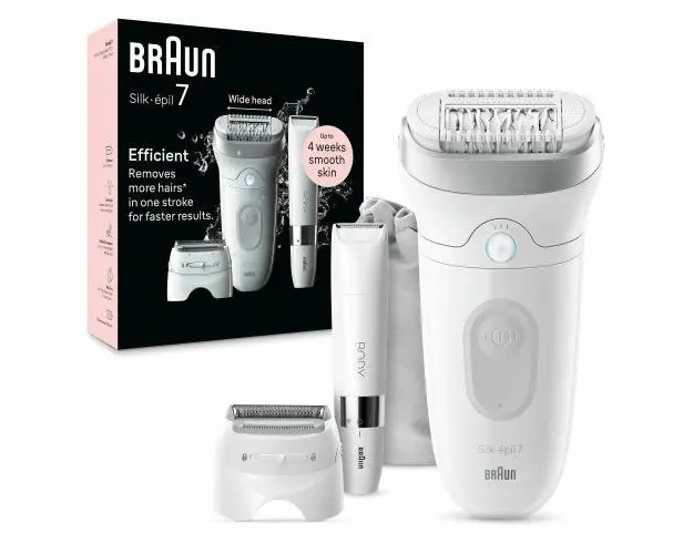 Epilator Braun Silk-epil 7 7-441 SkinSpa, Wet & Dry, MicroGrip, Smart Light, 40 de pensete, 2 viteze, Trimmer pentru corp, Cap de ras + Pieptene, 1 Capac, Saculet de voiaj (Alb/Argintiu)