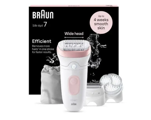 Epilator Braun Silk-épil 7 7-060 SkinSpa, Wet & Dry, MicroGrip, Smart Light, 40 de pensete, 2 viteze, Cap de ras + Pieptene, 1 Cap pentru exfoliere, 1 Capac, Saculet de voiaj (Alb/Roz)