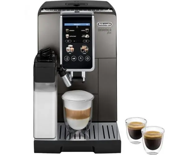Espressor automat De'Longhi Dinamica Plus ECAM 380.95.TB, 2 carafe pentru lapte, tehnologie LatteCrema, 1.8 l, 1450 W, 15 bar (Negru/Gri inchis)