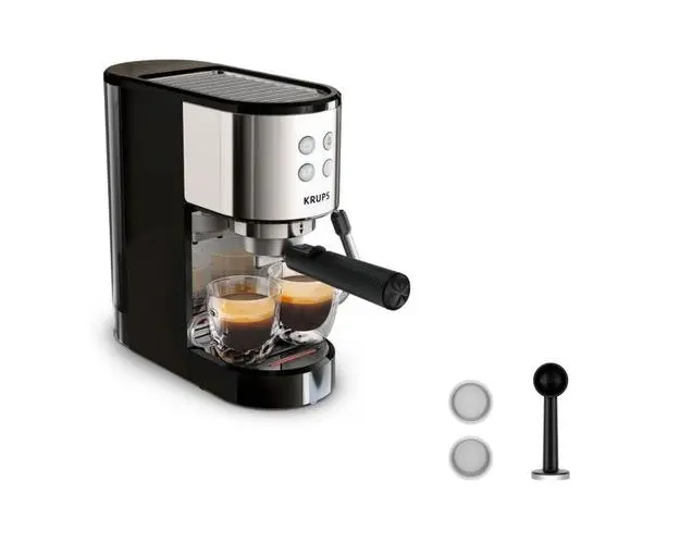 Espressor manual Krups Virtuoso Essential XP441810, presiune 15 bari, rezervor apa 1L, sistem de spumare a laptelui, functie apa fierbinte, reglare temperatura, oprire automata, sistem ThermoBlock, design compact (Negru/Argintiu)
