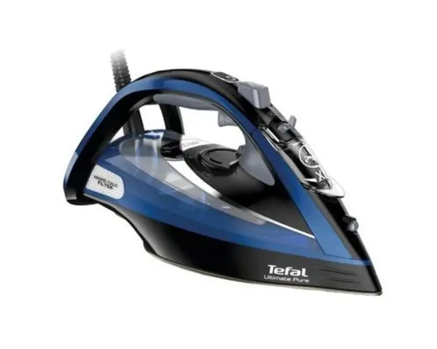 Fier de calcat Tefal Ultimate Pure FV9848E0, 3200W, Jet de abur 260g/min, Abur variabil 0-60g/min, Functie anticalcar, Oprire Automata, Talpa Durilium Airglide Autoclean, Negru/Albastru