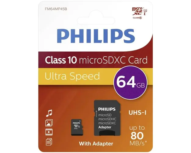 Card de memorie Micro SDXC Philips FM64MP45B/00, 64GB, cu adaptor SD, Clasa 10