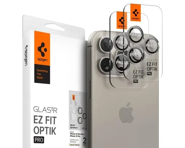 Folie de protectie Camera spate Spigen EZ FIT pentru Apple iPhone 15 Pro Max / 15 Pro, Sticla Securizata, Full Glue, Set 2 bucati, Gri AGL07163