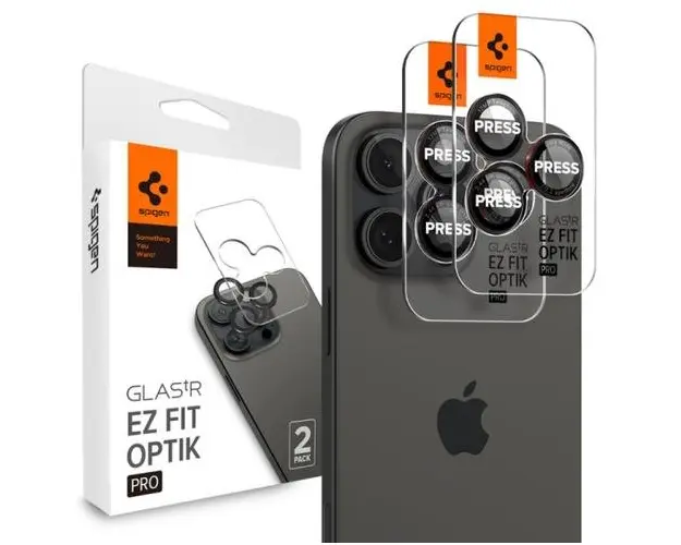 Folie de protectie Camera spate Spigen EZ FIT pentru Apple iPhone 16 Pro Max / 16 Pro / 15 Pro Max / 15 Pro / 14 Pro Max, Sticla Securizata, Set 2 bucati, Neagra