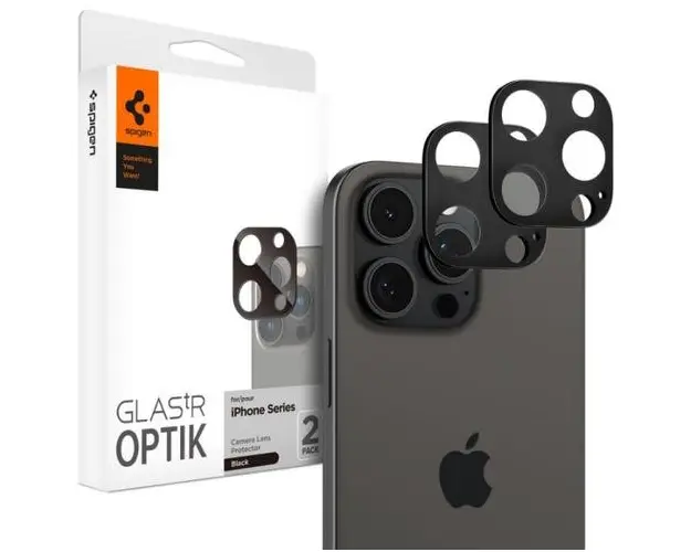 Folie de protectie Camera spate Spigen Optik pentru Apple iPhone 15 Pro Max / 15 Pro / 14 Pro Max, Sticla Securizata, Full Glue, Set 2 bucati, Neagra