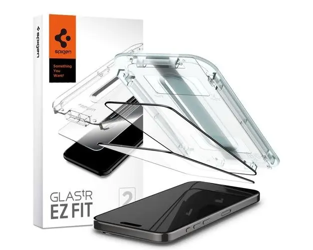 Folie de protectie Ecran Spigen EZ FIT pentru Apple iPhone 15 Pro Max, Sticla Securizata, Full Glue, Set 2 bucati, 2.5D, Case Friendly, Neagra AGL06873