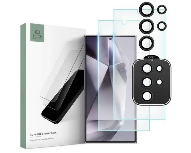 Folie de protectie Ecran si Camera Spate Tech-Protect Supreme pentru Samsung Galaxy S24 Ultra S928, Sticla Securizata, Full Glue, Set 3 bucati, 2.5D