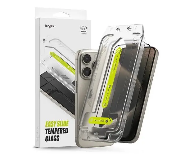 Folie de protectie Ecran Ringke Easy Slide pentru Apple iPhone 15 Pro, Sticla Securizata, Full Glue, Set 2 bucati, Neagra