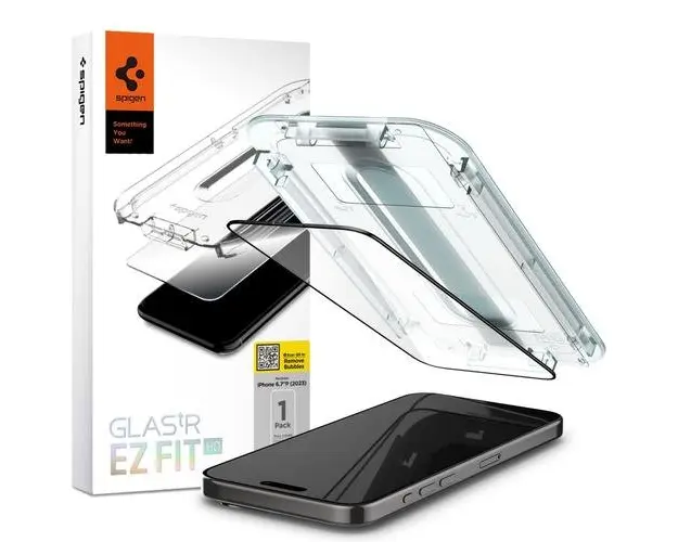 Folie de protectie Ecran Spigen EZ FIT pentru Apple iPhone 15, Sticla Securizata, Full Glue, 2.5D, Case Friendly, Neagra AGL06908