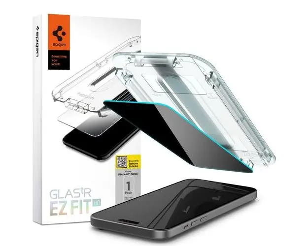 Folie de protectie Ecran Privacy Spigen EZ FIT pentru Apple iPhone 15, Sticla Securizata, Full Glue, 2.5D AGL07121