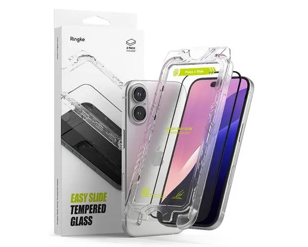 Folie de protectie Ecran Ringke Easy Slide pentru Apple iPhone 16 / 15, Sticla Securizata, Full Glue, Set 2 bucati, Neagra