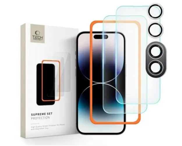 Folie de protectie Ecran si Camera Spate Tech-Protect Supreme pentru Apple iPhone 16, Sticla Securizata, Full Glue