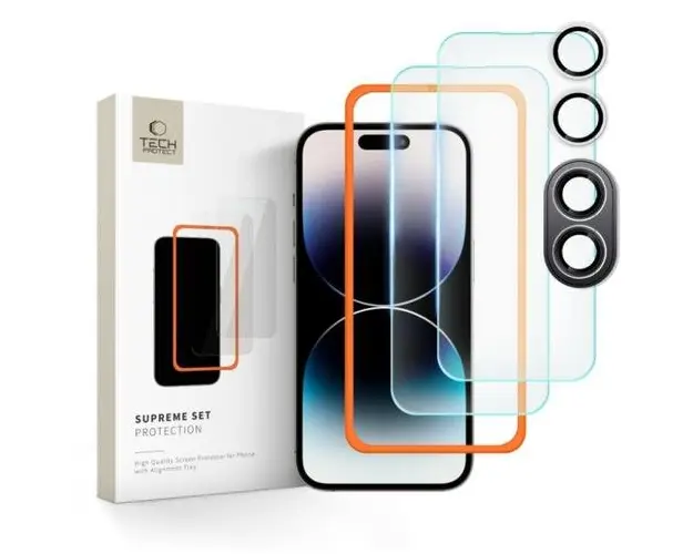 Folie de protectie Ecran si Camera Spate Tech-Protect Supreme pentru Apple iPhone 16 Plus, Sticla Securizata, Full Glue