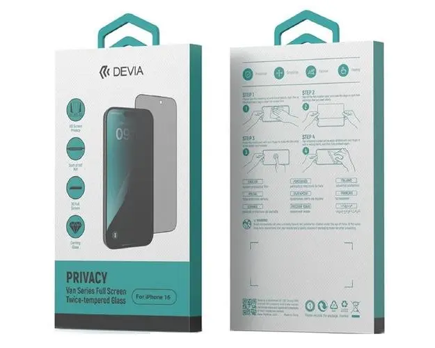 Folie Sticla Van Series Full Screen Privacy Twice Devia pentru iPhone 16, Negru