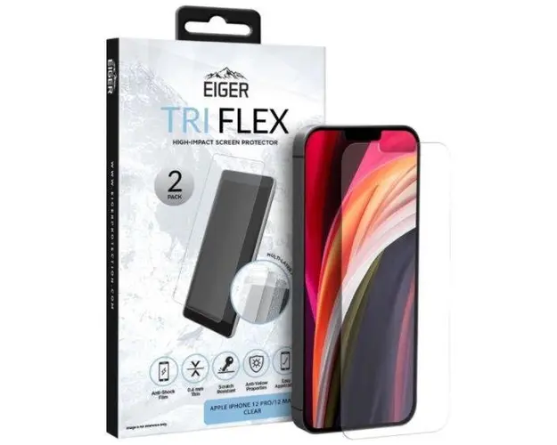 Folie Protectie Eiger Clear Tri Flex EGSP00629 pentru Apple iPhone 12, iPhone 12 Pro, 2 buc/pachet (Transparent)