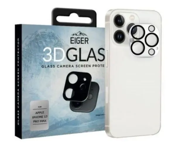 Folie Protectie Sticla Camera 3D Glass Eiger EGSP00779 pentru Apple iPhone 13 Pro Max (Transparent/Negru)