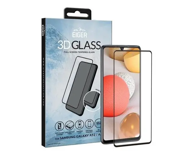 Folie Protectie Sticla Temperata Eiger 3D Edge to Edge EGSP00695 pentru Samsung Galaxy A52 (Transparent/Negru)