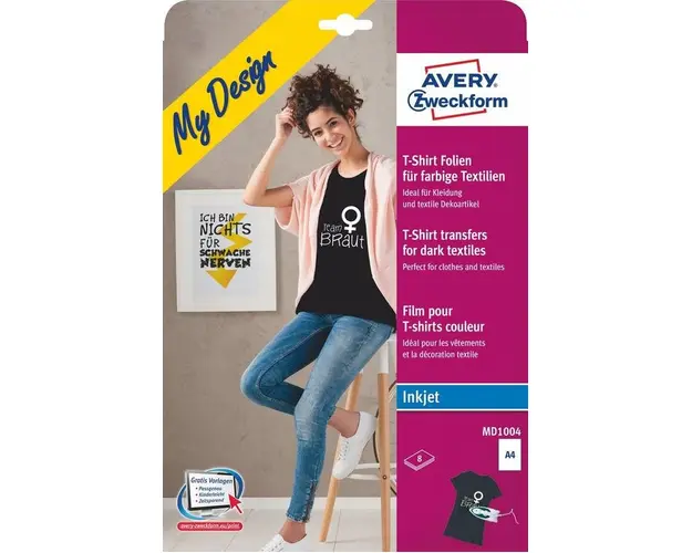 Folii de calcat pentru tesaturi colorate A4 Avery MD1004, 8 coli folie de transfer + 8 coli hartie siliconata