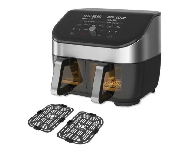 Friteuza cu aer cald fara ulei Instant Vortex Plus 8 Dual SS, Clear Cook Ecran digital, Doua Cosuri detasabile, 6 functii de gatire, Capacitate 7.6 litri, 1700 W (Negru/Gri)