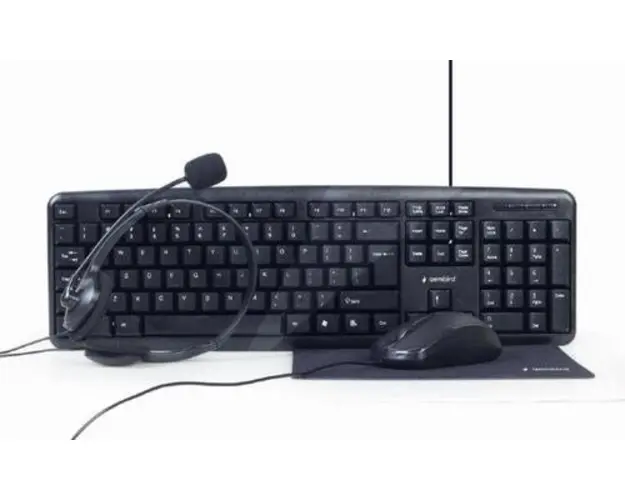 Kit office Gembird KBS-UO4-01 4-in-1, Layout US, Mouse 1000 DPI, Casti cu microfon, Mouse Pad (Negru)