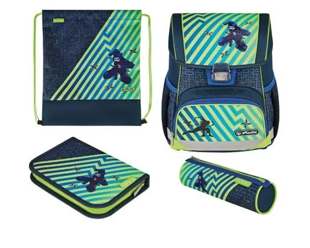 Ghiozdan echipat Herlitz Loop Plus, motiv Funky Ninja (Negru/Albastru)