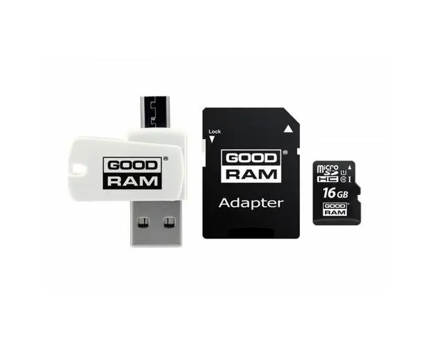 Pachet Card de memorie All in One Goodram M1A4-0160R12, 16GB, microSDHC, Clasa 10, UHS-I U1, Adaptor SD inclus, Cititor OTG