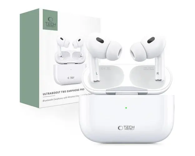 Casti True Wireless Tech-Protect Ultraboost, Bluetooth, Autonomie 3.5 ore, Microfon (Alb)