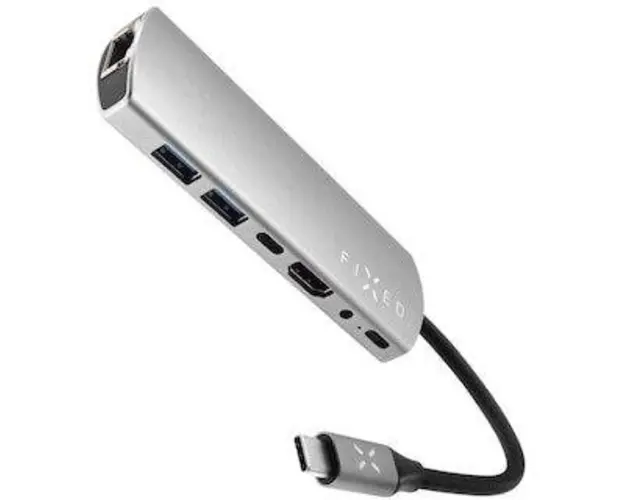 Hub USB Fixed Multiport 7 in 1, USB 3.0, Ethernet RJ45, HDMI 4K, Audio 3,5 mm, Aluminium, PD 100W (Argintiu)