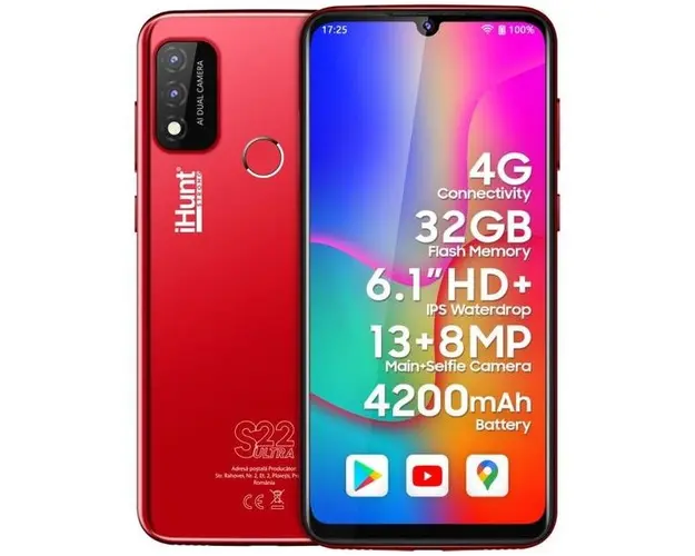 Telefon Mobil iHunt S22 Ultra, Procesor Quad-Core MTK6761, Ecran IPS 6.1inch, 2GB RAM, 32GB Flash, Camera Duala 13 + 5 MP, Wi-Fi, 4G, Dual SIM, Android (Rosu)