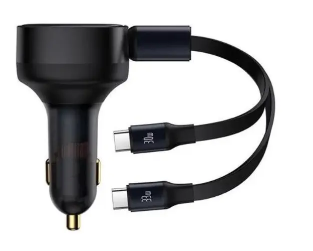 Incarcator auto Baseus Enjoyment, 33W, cu cablu retractabil 2xUSB-C (Negru)