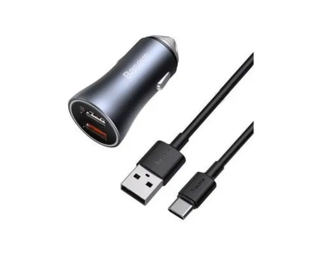 Incarcator Auto Baseus Golden Contactor Pro Dual TZCCJD-A0G, Quick Charger 40W, 2 x USB + cablu USB Type-c, 1m (Gri)