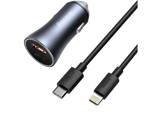 Incarcator Auto cu Cablu Lightning Baseus Golden Contactor, 40W, 3A, 1 x USB-A - 1 x USB-C, Gri TZCCJD-B0G